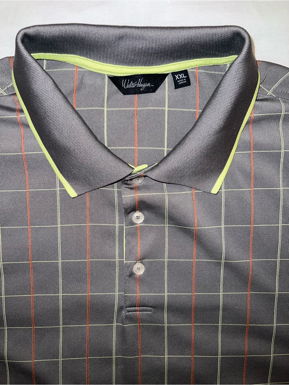 Walter Hagen Men's 2XL Performance   Grey Orange Yellow Plaid Grid Polo